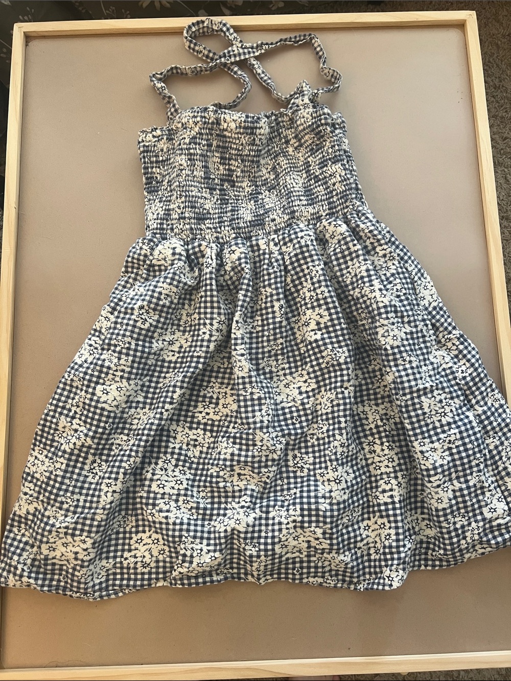 American Eagle Outfitters Blue & White Gingham Floral Smocked Sundress